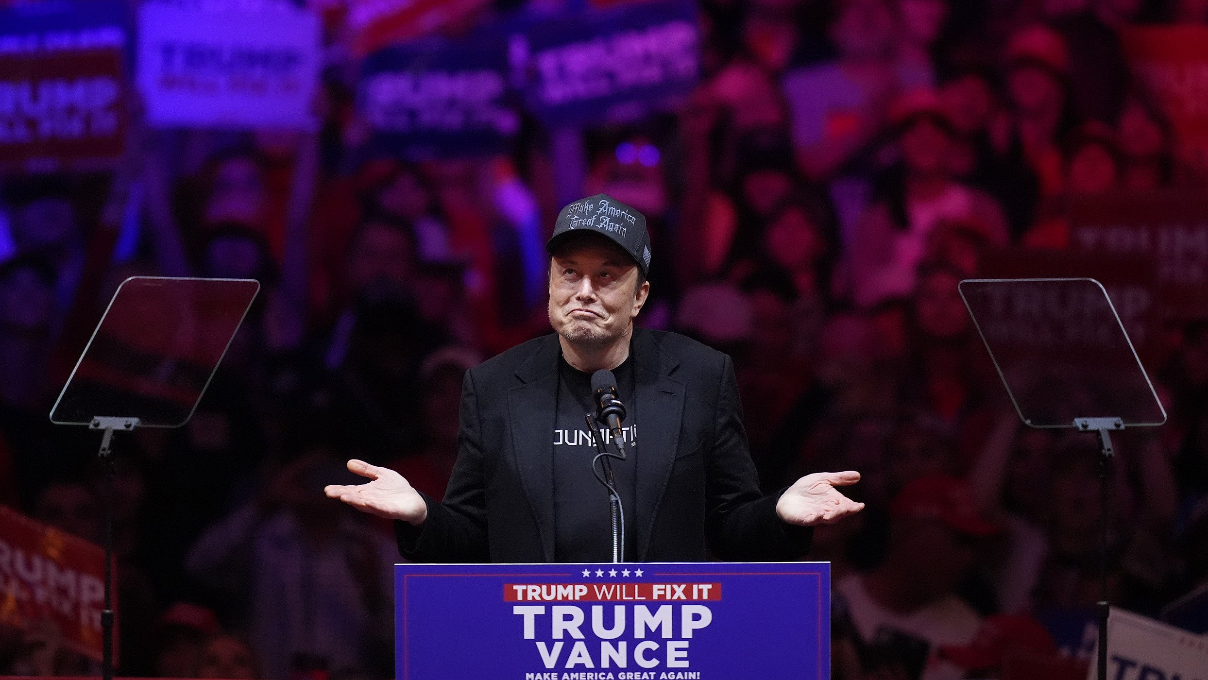 Elon Musk speaks before Republican presidential nominee former President Donald Trump at a campaign rally at Madison Square Garden, Sunday, Oct. 27, 2024